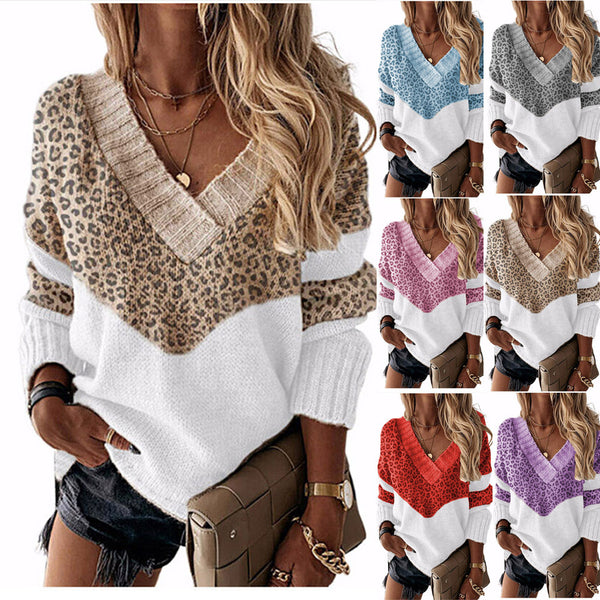 Mixed Color Stripe Leopard Print Pullover Sweaters