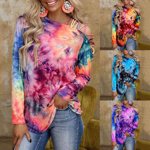 Women's Tie-dye Printed Long Sleeve Strapless Sexy Tops