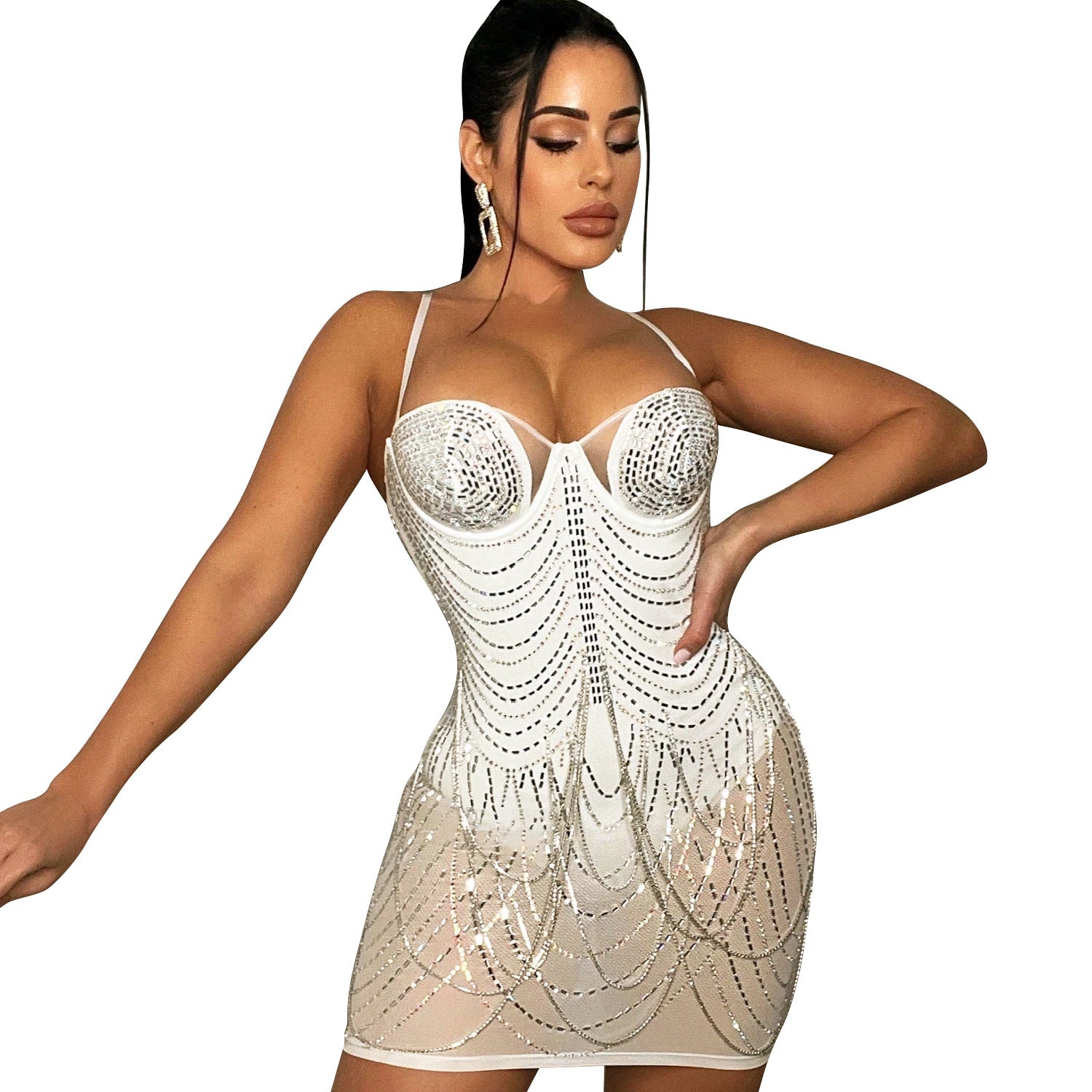 Damenmode Nachtclub Sexy Mesh Strass Quaste Kleider