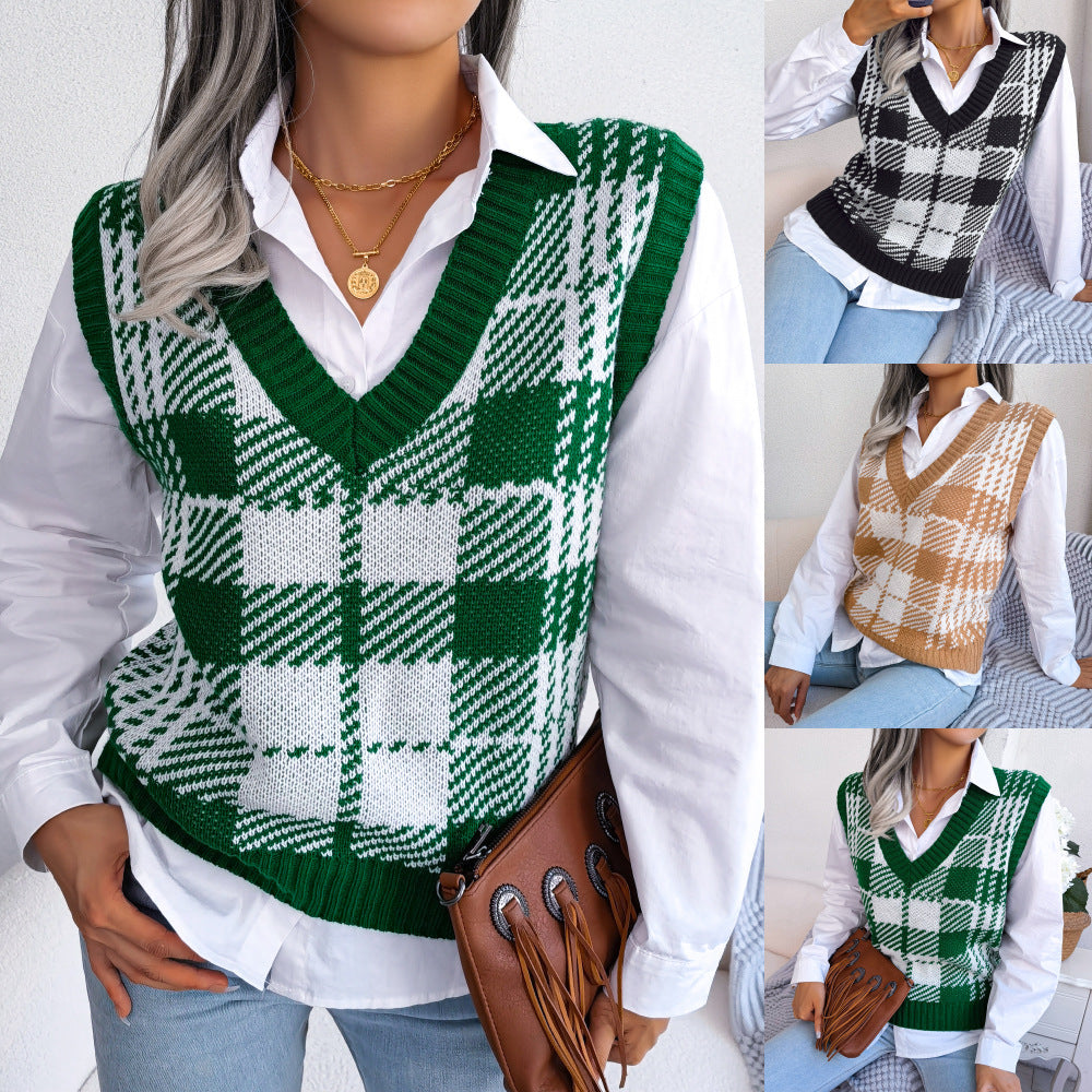 Fashion Women's Casual Color Plaid Knitted Sweaters