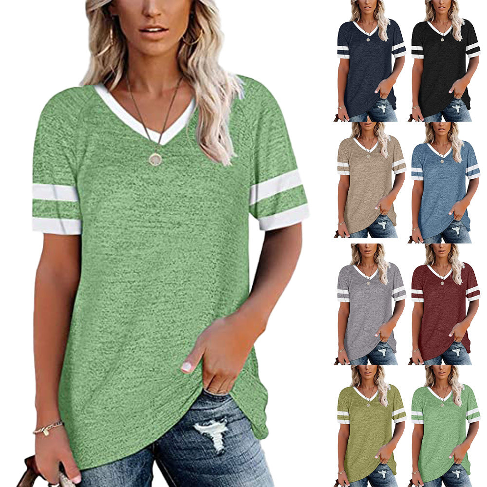 Women's Summer Contrast Color Short-sleeved Casual T-shirt Blouses