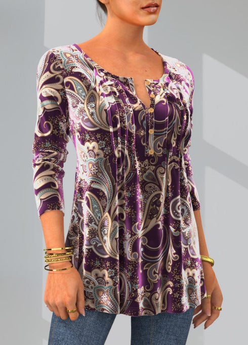 Women's Spring Print Round Neck Long-sleeved Blouses