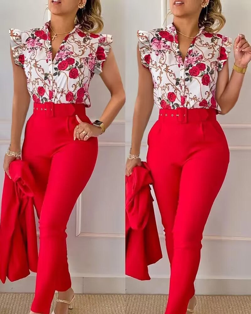 Women's Fashion Casual Ruffle Sleeve Two-piece Set Suits