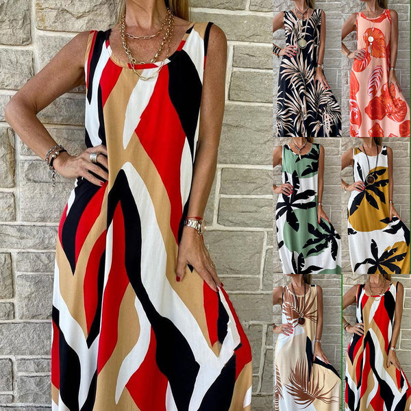 Summer Printed Round Neck Sleeveless Long Dresses