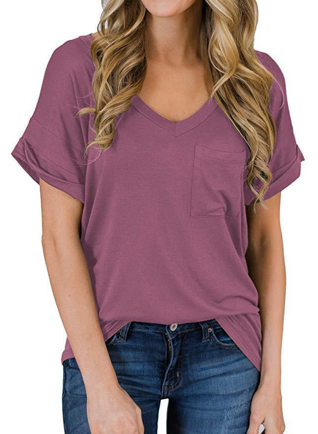 Women's V-neck Pocket T-shirt Sleeve Loose Tops