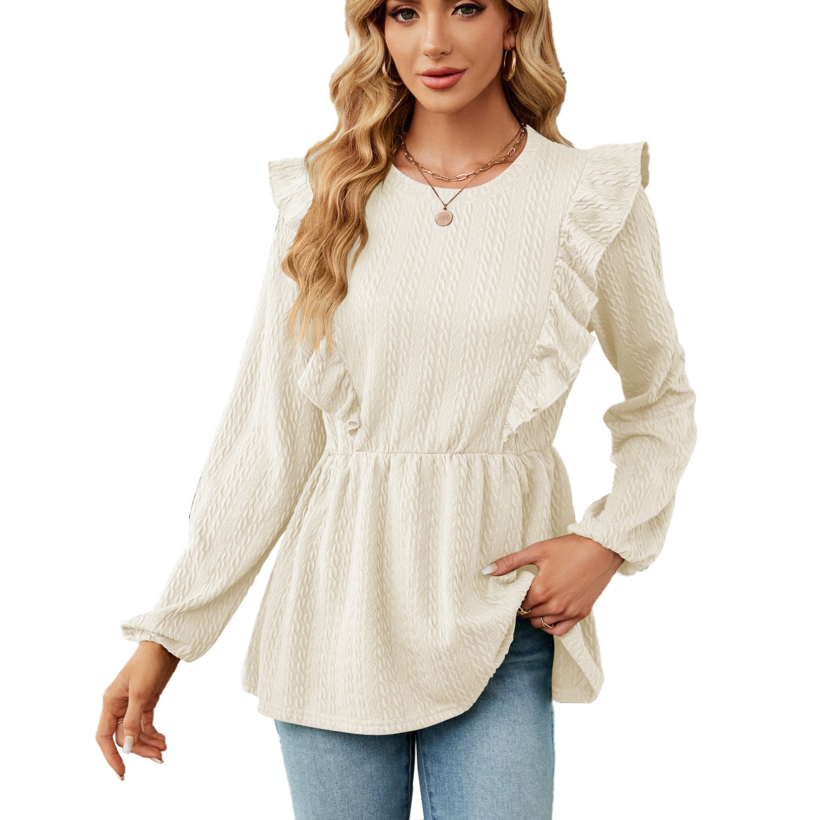 Women's Solid Color Pleated Patchwork Round Neck Blouses