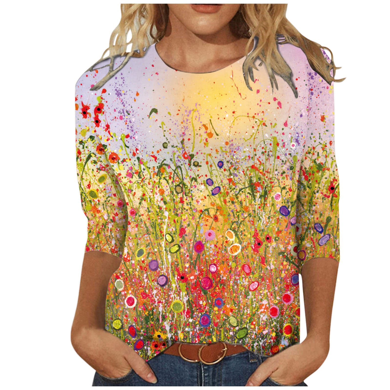 Women's Round Neck Long Sleeve Loose Print Tops