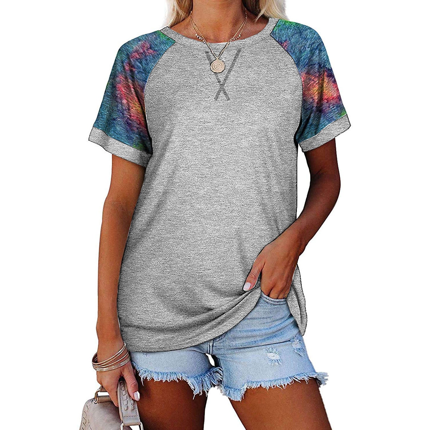 Damen Sommer bedruckte T-Shirt-Blusen mit Rundhalsausschnitt