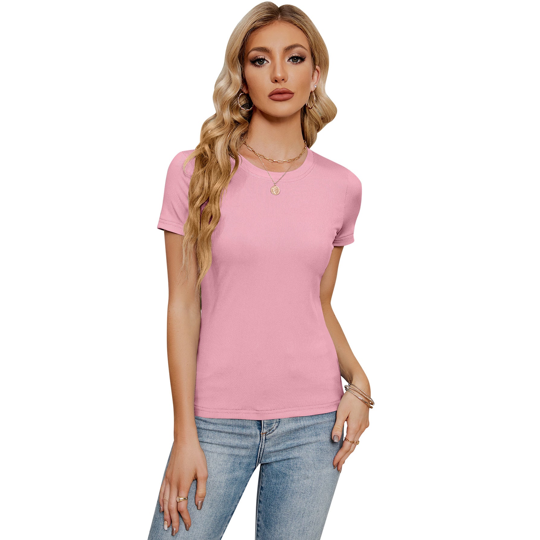 Women's Short-sleeved Round Neck Slim-fit Stretch Blouses