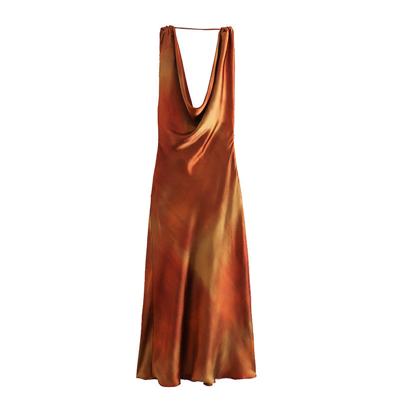 Women's Draped Collar Silk Satin Textured Printed Dresses