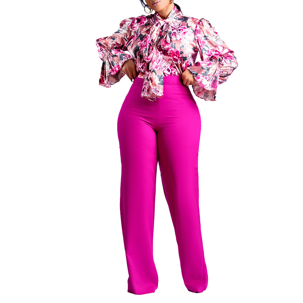 Women's Large Casual Printed Long-sleeved Wide-leg Two-piece Pants