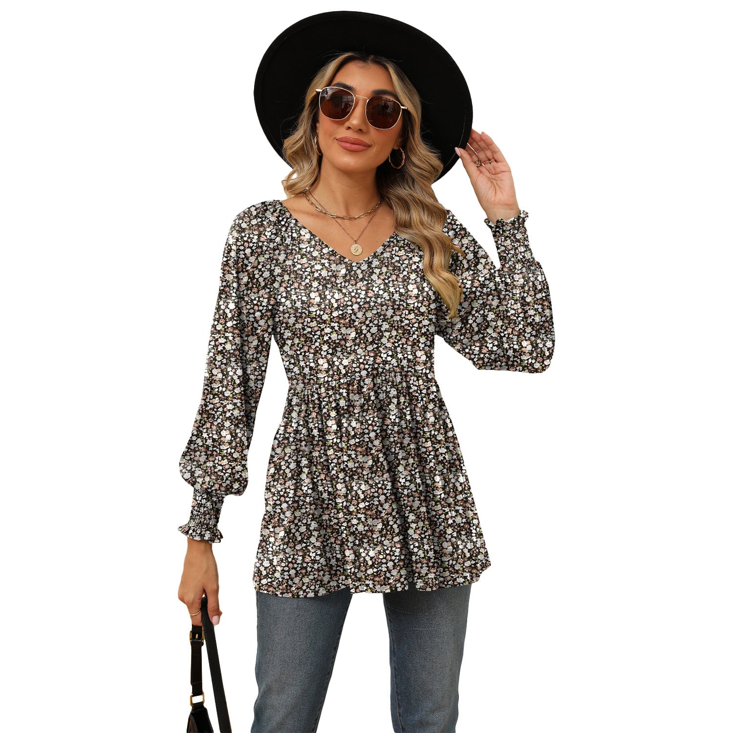 Women's Printed Bubble Long Sleeve Waist T-shirt Blouses