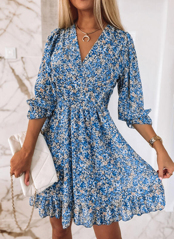 Pullover Print Sleeve Puff Mid-waist Floral Dresses