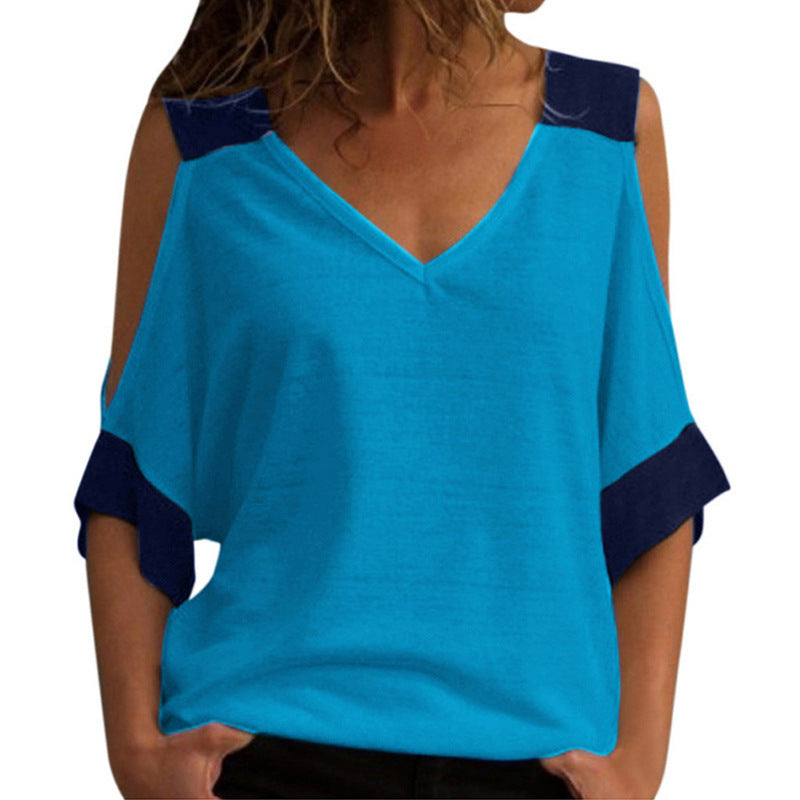 Summer Stitching Color Off-the-shoulder V-neck Sleeve Blouses