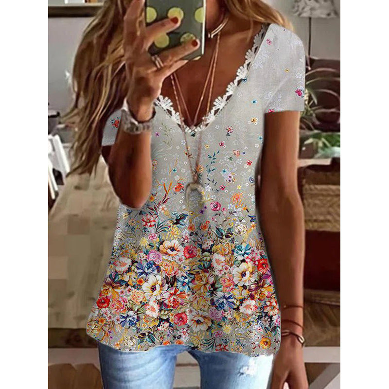 Summer Feather Printed Cotton-like V-neck Zhuocai Blouses