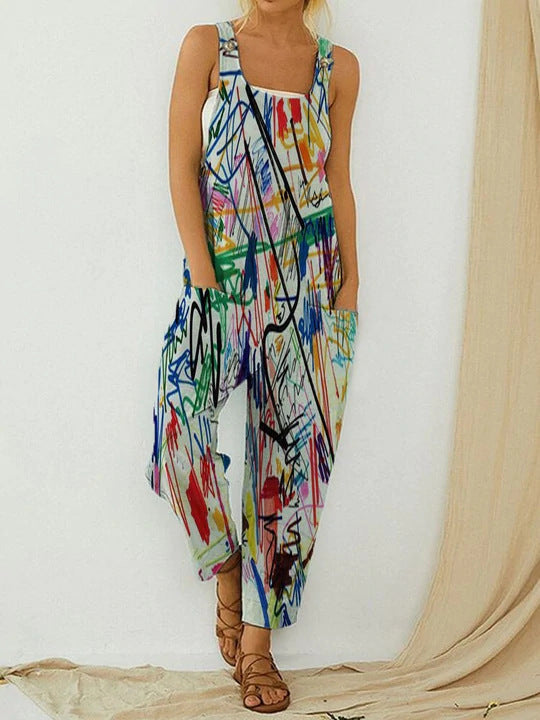 Women's Slouchy Retro Abstract Print Overalls Pants