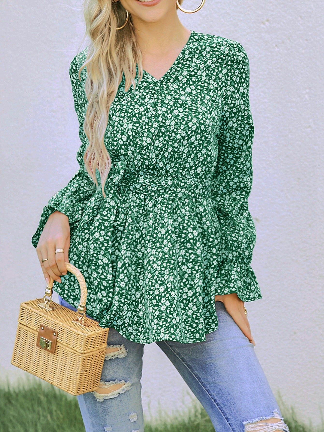 Autumn Fashion Printed Lace Up Long Blouses