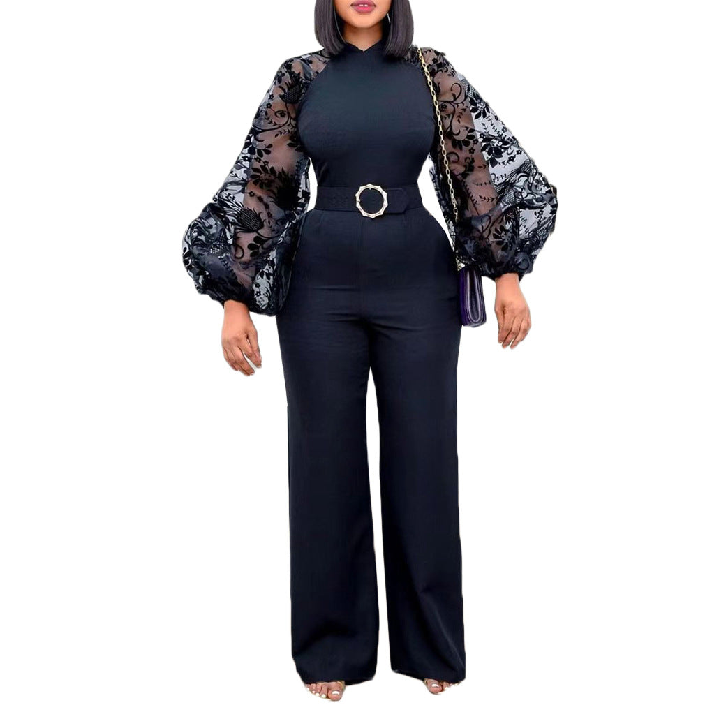 Femme Col montant Gaze Lantern Sleeve Slim Wide-leg Plus Size