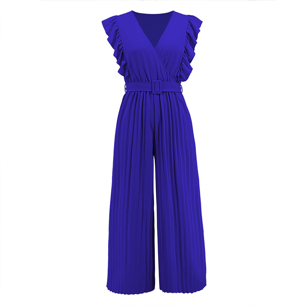 Women's V-neck Pleated Slim Fit Patchwork Straight-leg Jumpsuits