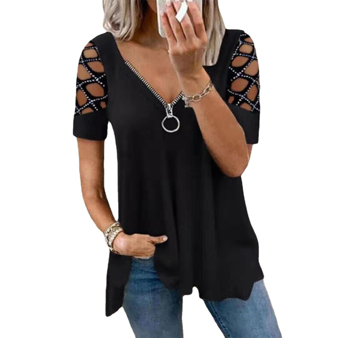 Women's Fashion V-neck Solid Color Hollow Sleeve Rhinestone Tops