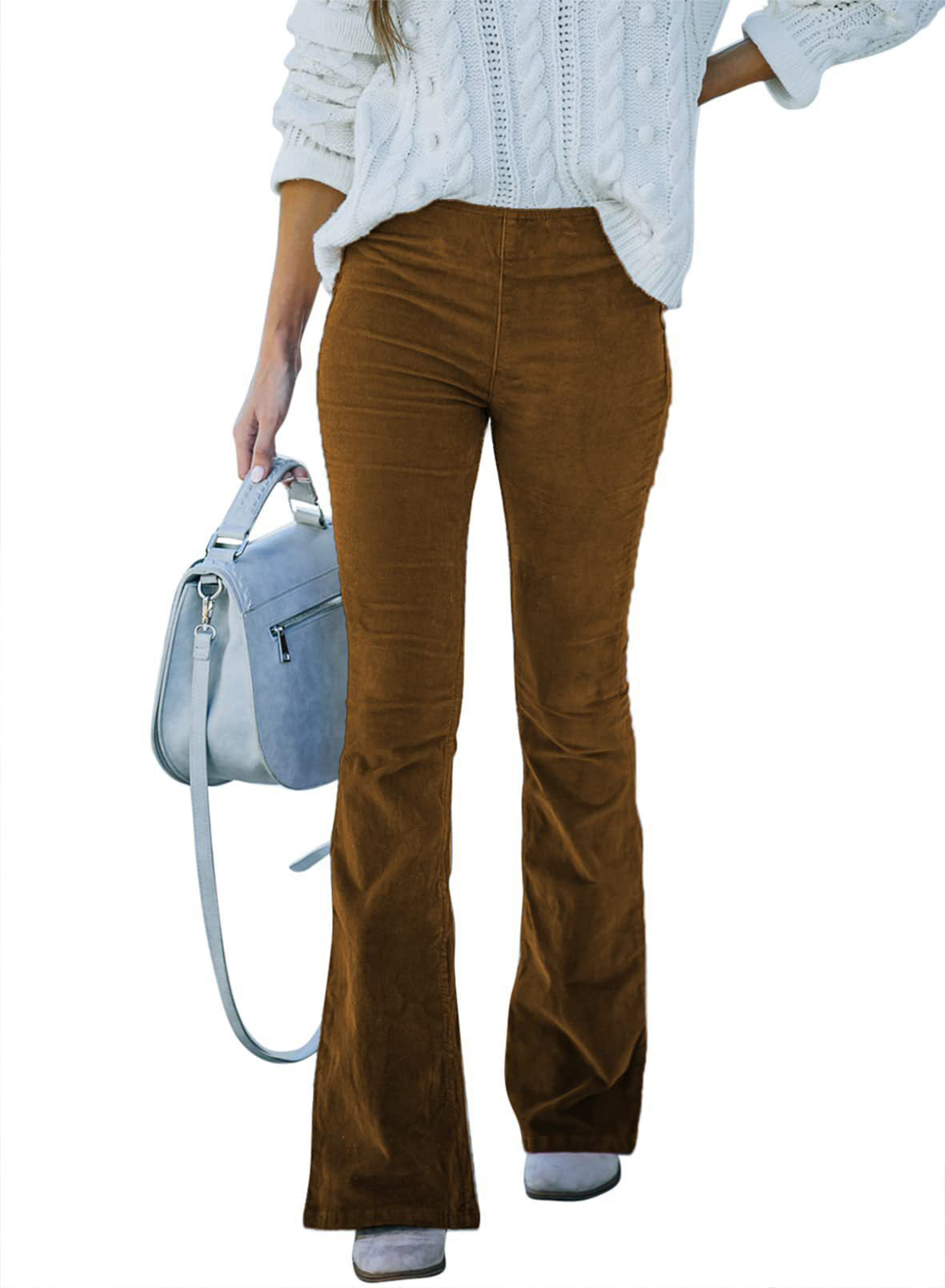 Women's Solid Color High Waist Slim-fit Flared Corduroy Pants