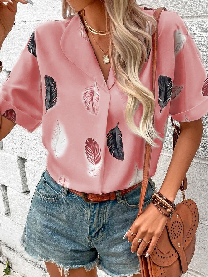 Women's Summer Lapel Feather Printed Sleeve Blouses