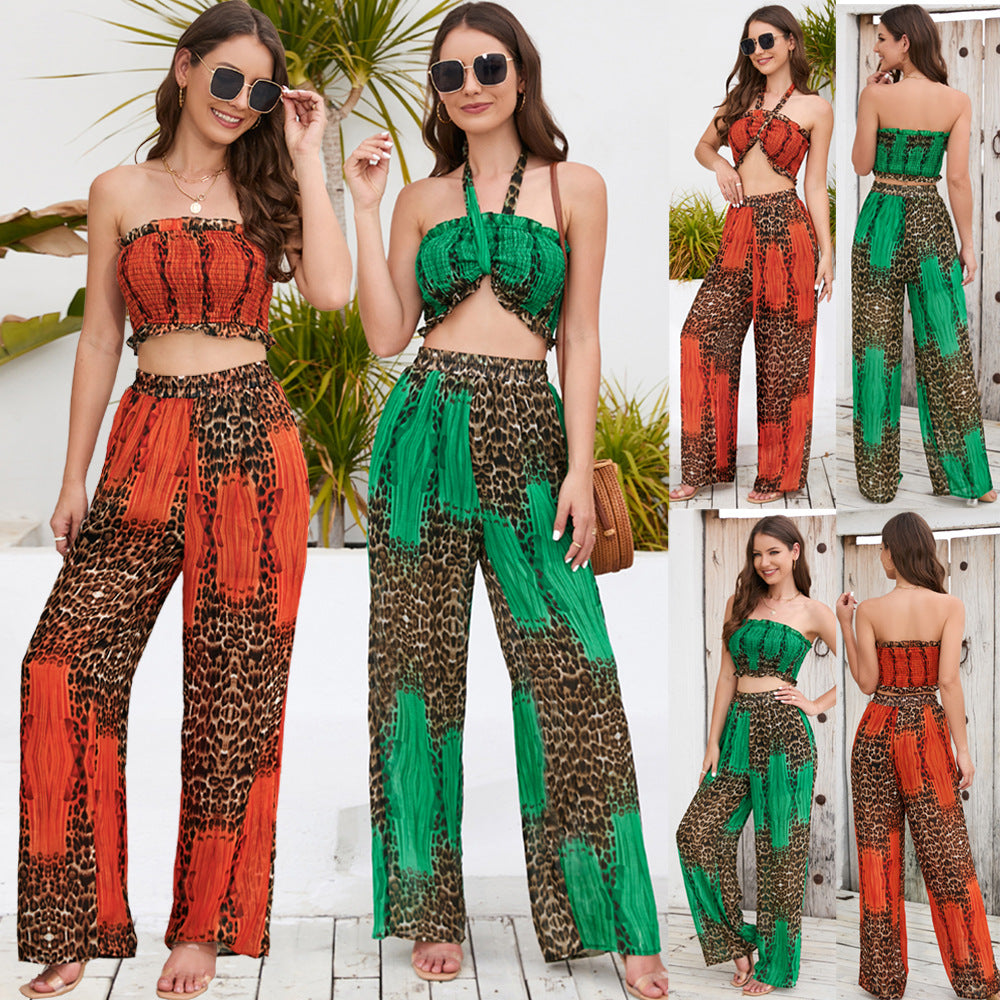 Women's Tube Halter Printed Wide Leg Fashionable Suits