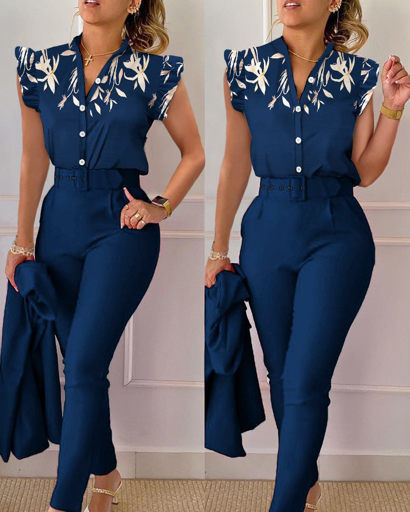 Women's Fashion Casual Ruffle Sleeve Two-piece Set Suits