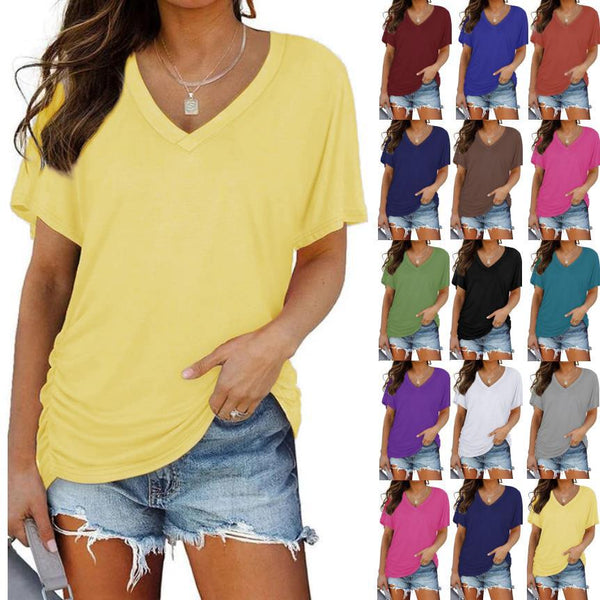 Women's Summer Shirt V-neck Solid Color Short-sleeved Blouses