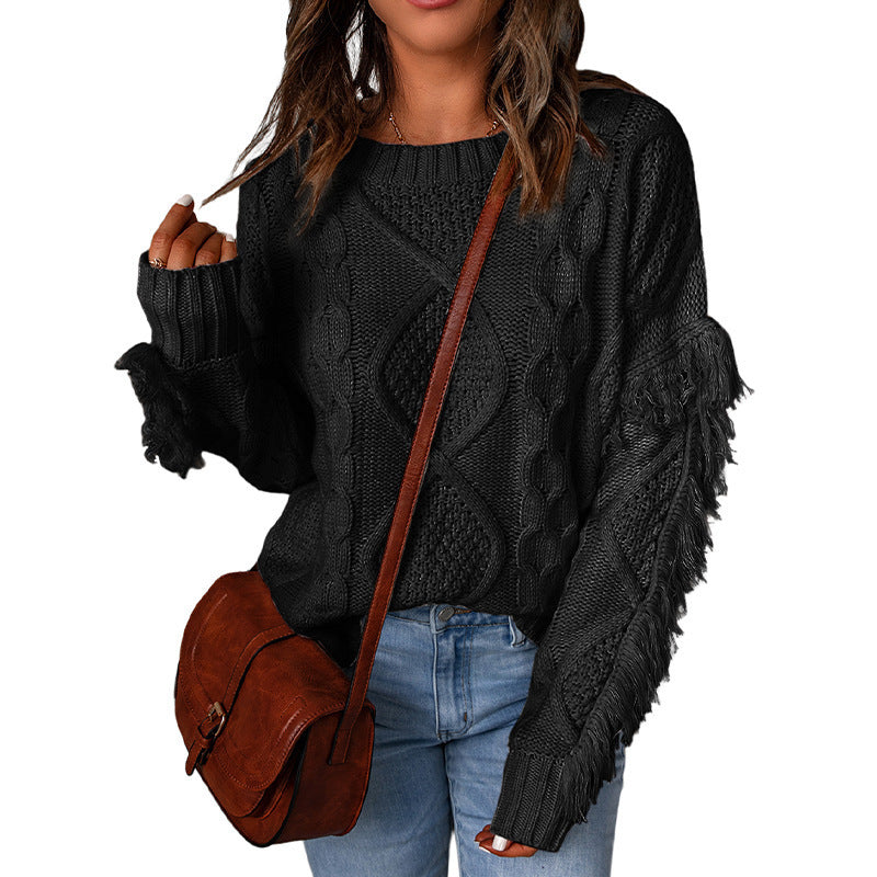 Women's Tassel Solid Color Pullover Round Neck Sweaters