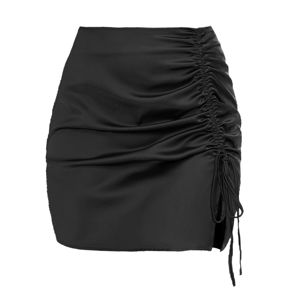 Women's Solid Color Pleating Hip Sexy High Waist Zipper Satin Skirts