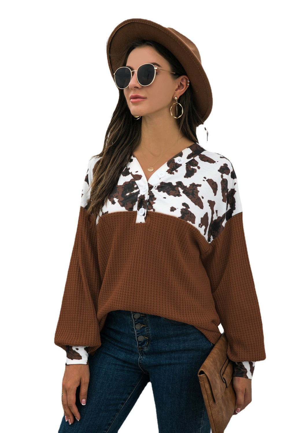 Women's Printed Stitching Loose Casual Leopard Button Long Blouses