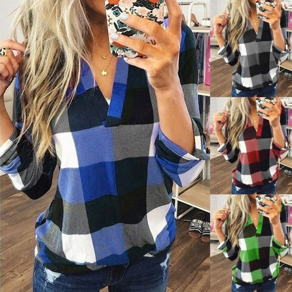 Women's Shirt Plaid Printed V-neck Long Sleeve Blouses