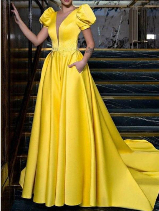 Fashion Large Yellow Long V-neck High Dresses