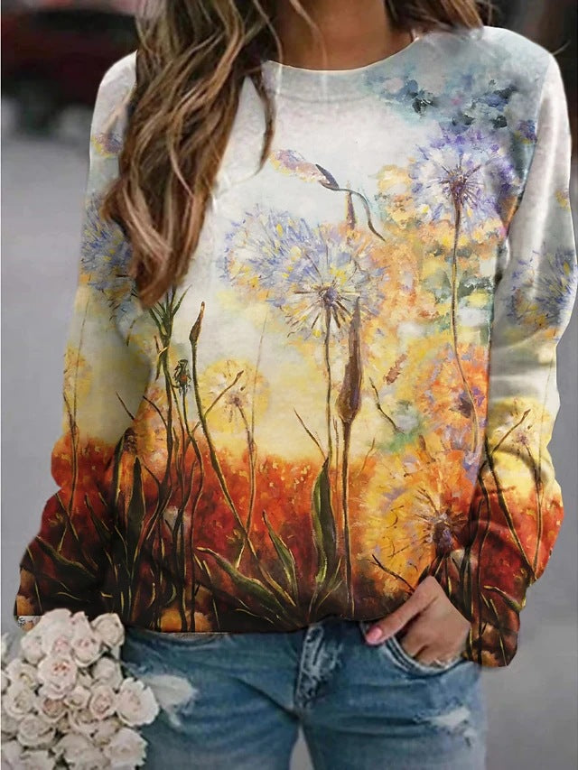 Langärmlige Pullover mit Landschaftsblumen- und Blumenmuster für Damen