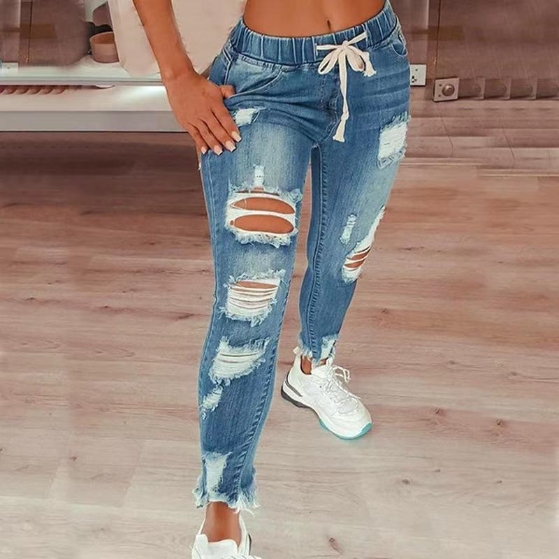 Women's High Waist Ripped Elastic Drawstring Jeans