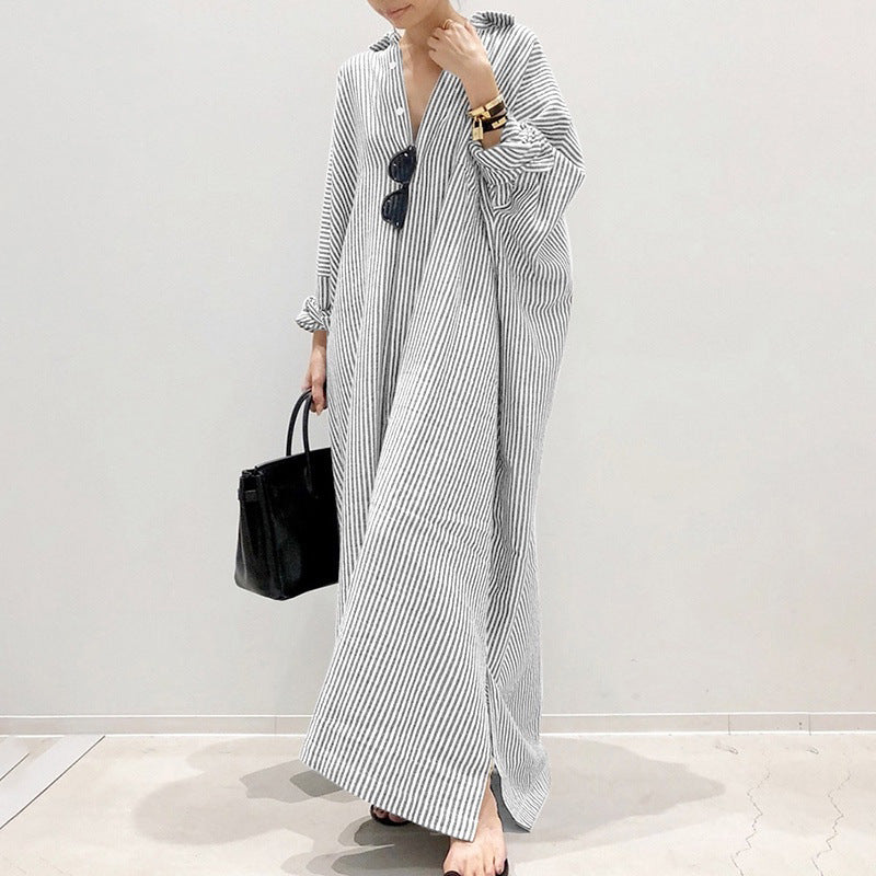 Women's Cotton Linen Stripes Shirtdress Long Sleeve Dresses