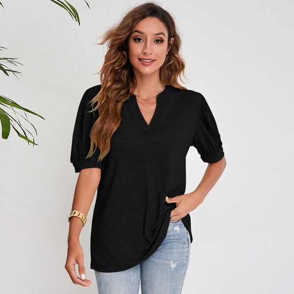 Women's Summer Casual V-neck Solid Color Puff Sleeve Loose Tops