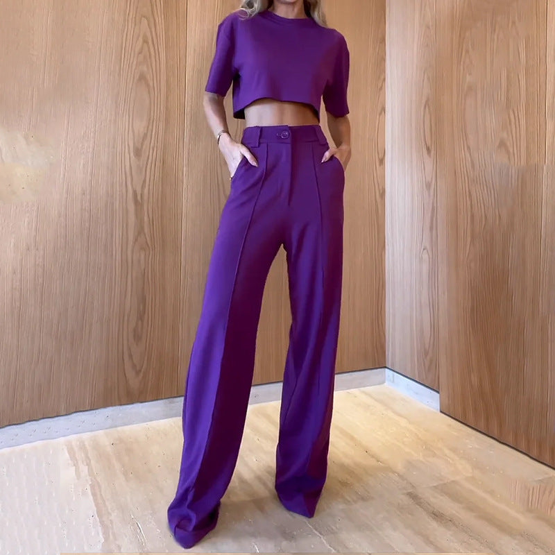 Women's Neck Sleeves Trousers Solid Color Two-piece Suits