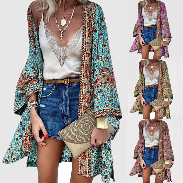 Women's Summer Thin Loose Bohemian Long Sleeve Printed Blouses