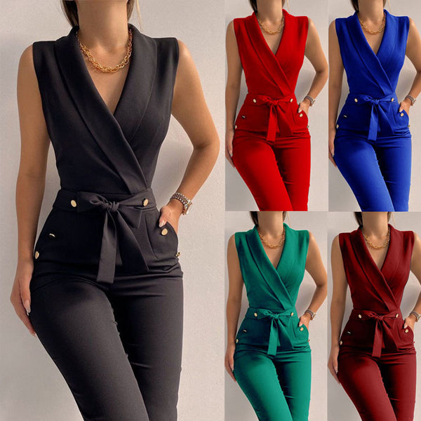 Women's V-neck Sleeveless Slim Fit Bodysuit Business Jumpsuits