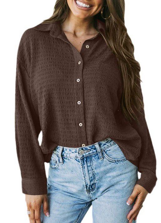 Women's Loose Pockets Lapel Button Texture Shirt Blouses