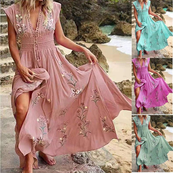 Damen-Sommerkleider mit V-Ausschnitt, französischem Strand, Bohemian-Stil, bedruckt