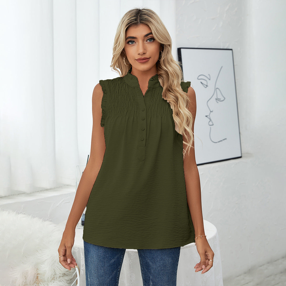 Sleeveless Turtleneck Buttons Frill Loose Casual Tops