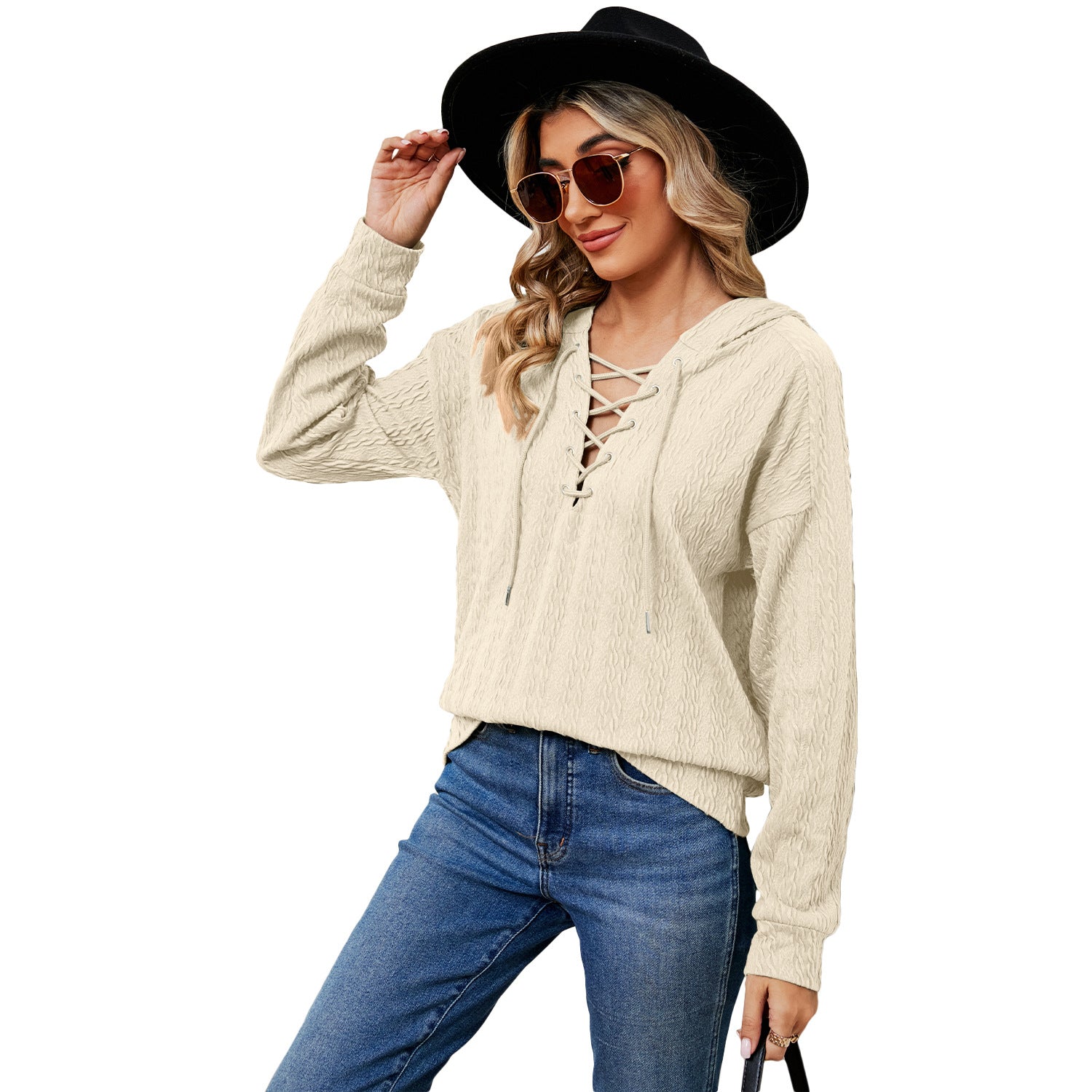 Women's Solid Color Hooded Neckline Tied Long Tops