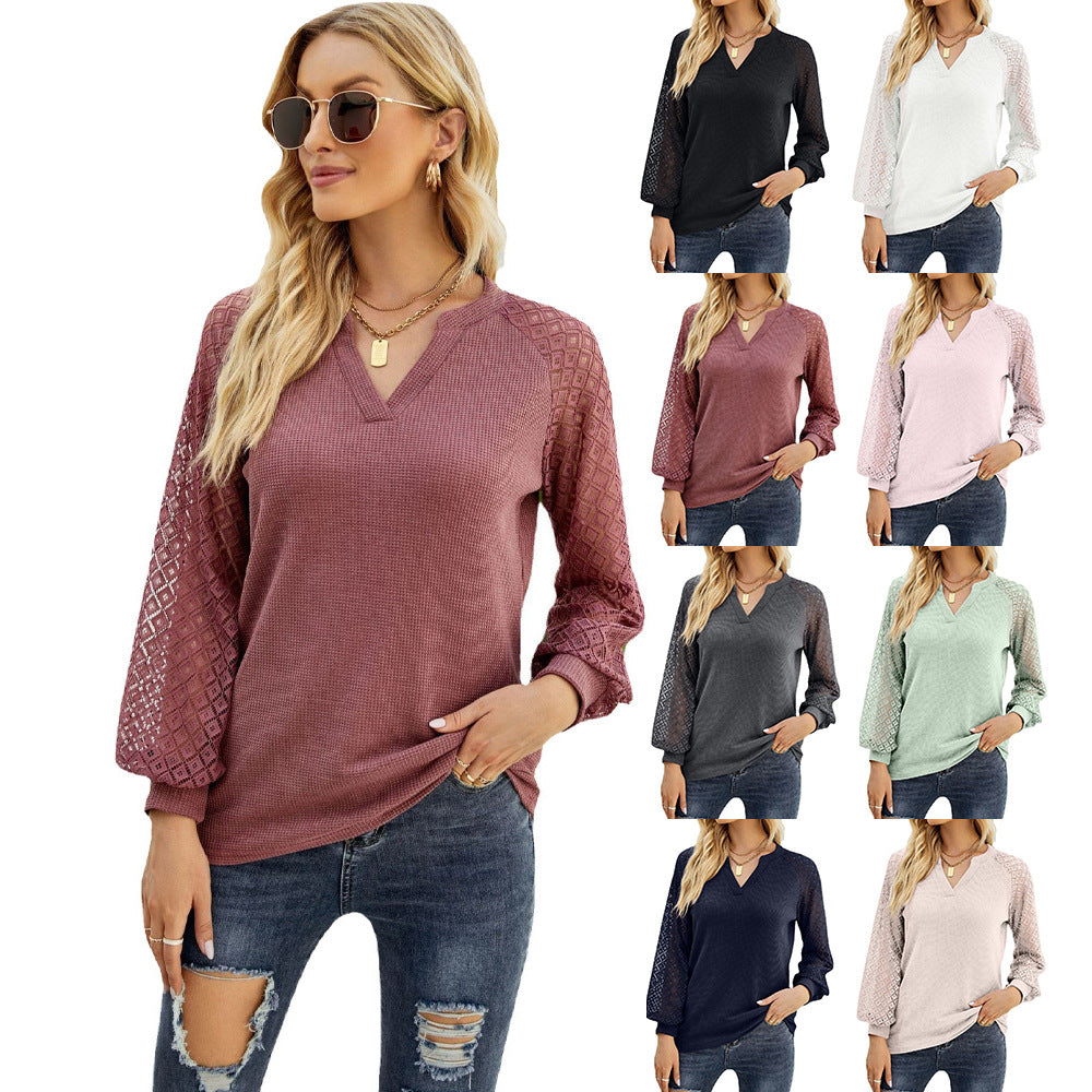 Women's Lace Stitching Long-sleeved V-neck T-shirt Blouses