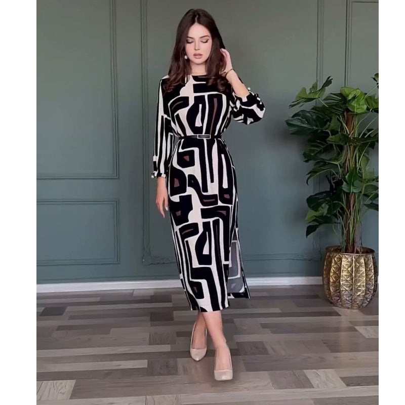 Women's High Sense Geometric Pattern Printed Waist Elegant Dresses