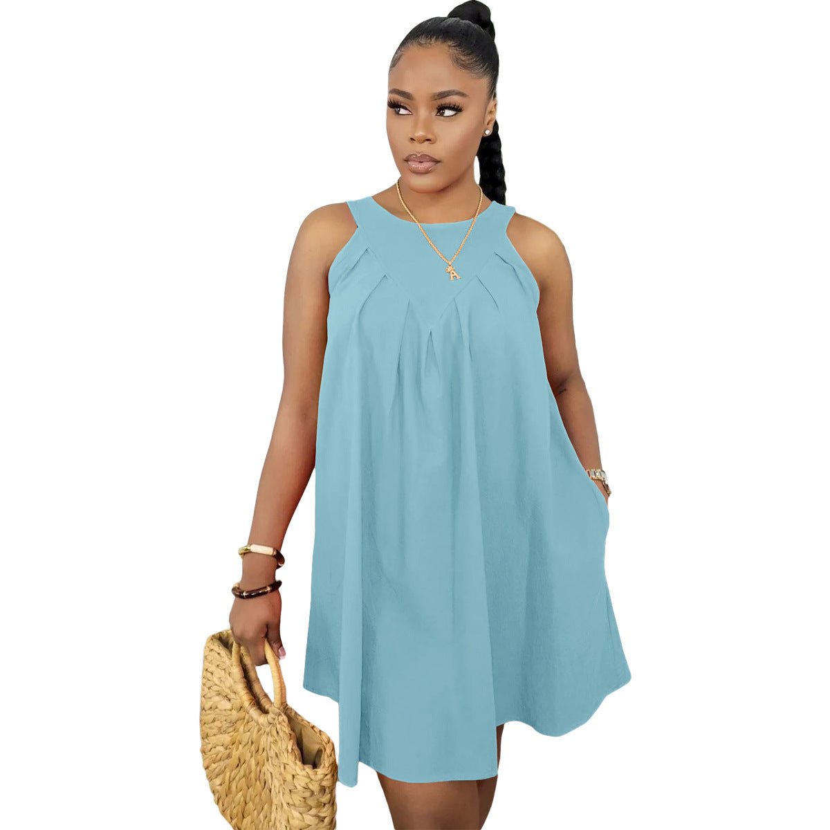 Summer Solid Color Sleeveless With Pocket Dresses