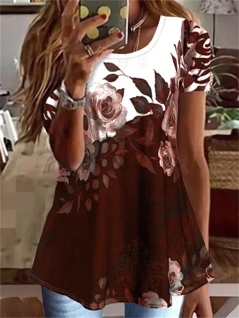 Summer Floral Print Sleeve Round Neck Blouses