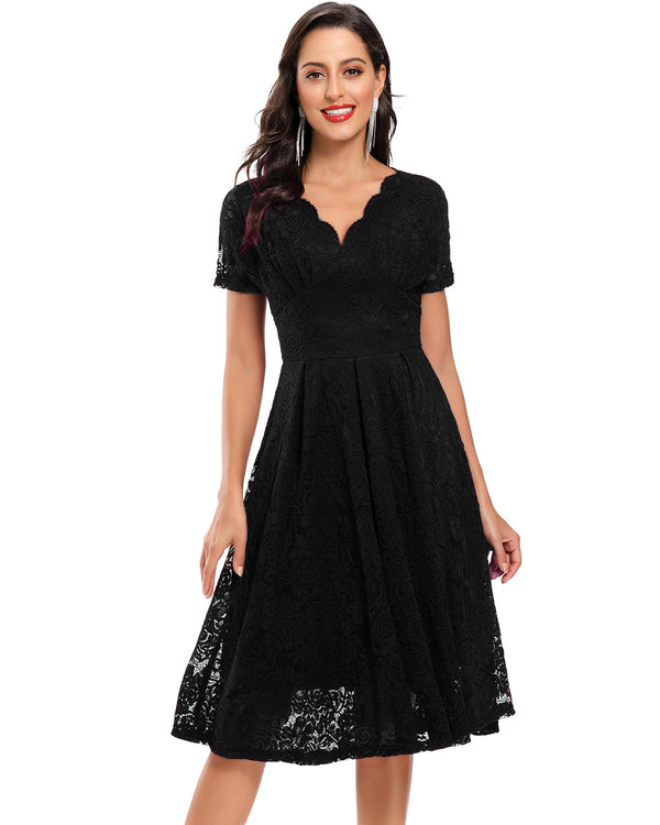 Women's Vintage Collar Mid-length Lace Swing Dress Dresses